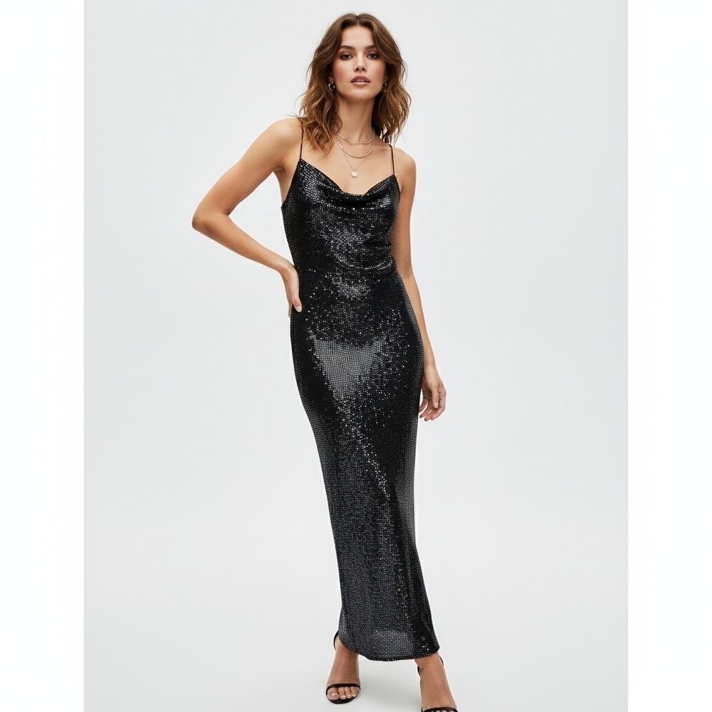 BEBE Spaghetti Gown Disco Dot Long Slim Midi Maxi Dress Medium Homecoming